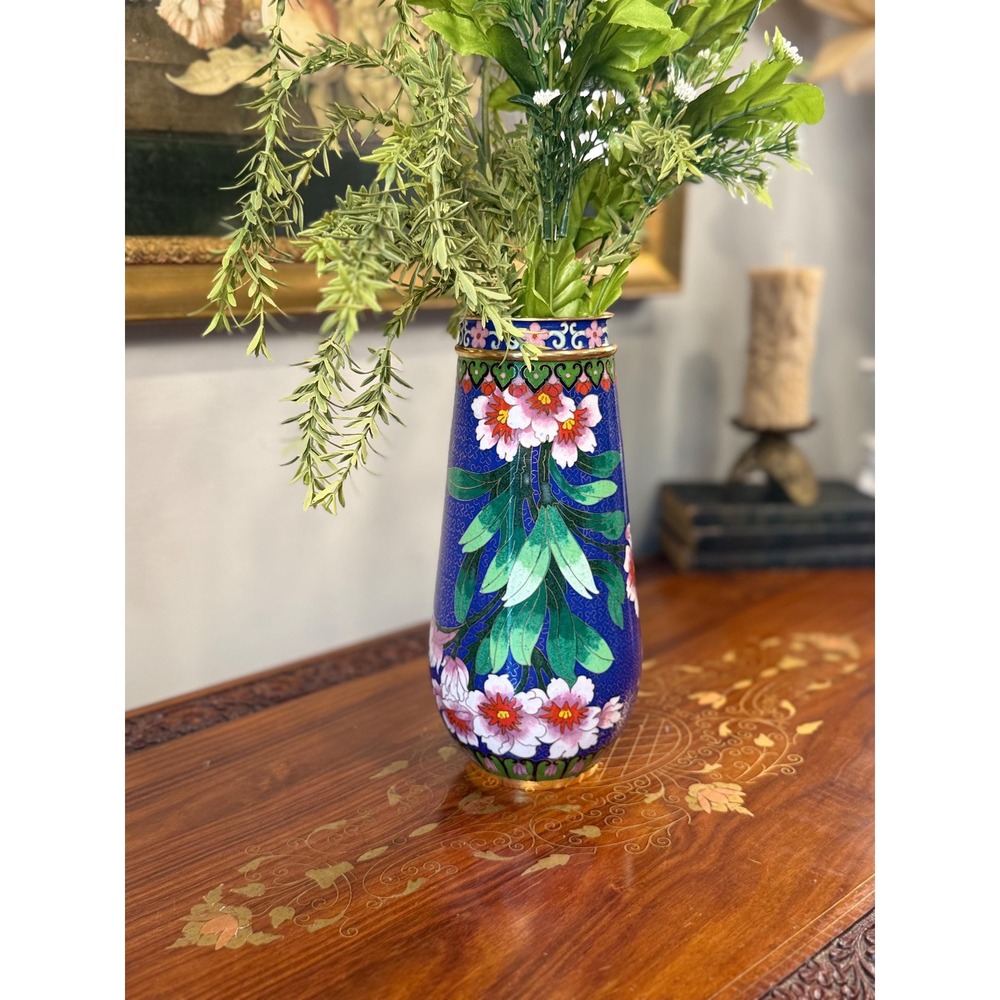 Vintage Chinese Cloisonné Vase • Cobalt Blue Floral Enamel Chinoiserie